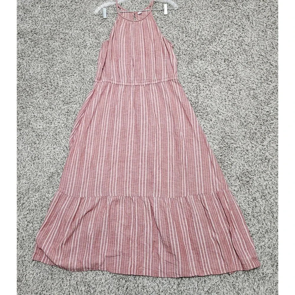 Old Navy Maxi Dress Women Lg Red Striped Halter Neck Linen Blend Tiered Boho‎ - Picture 7 of 9